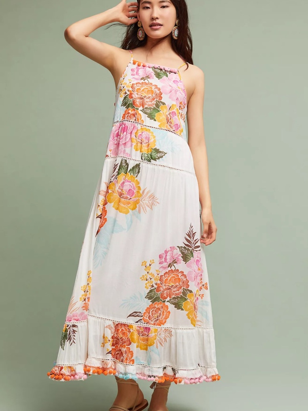 FARM RIO Floral Maxi Sundress in White with Pink & Orange Blooms